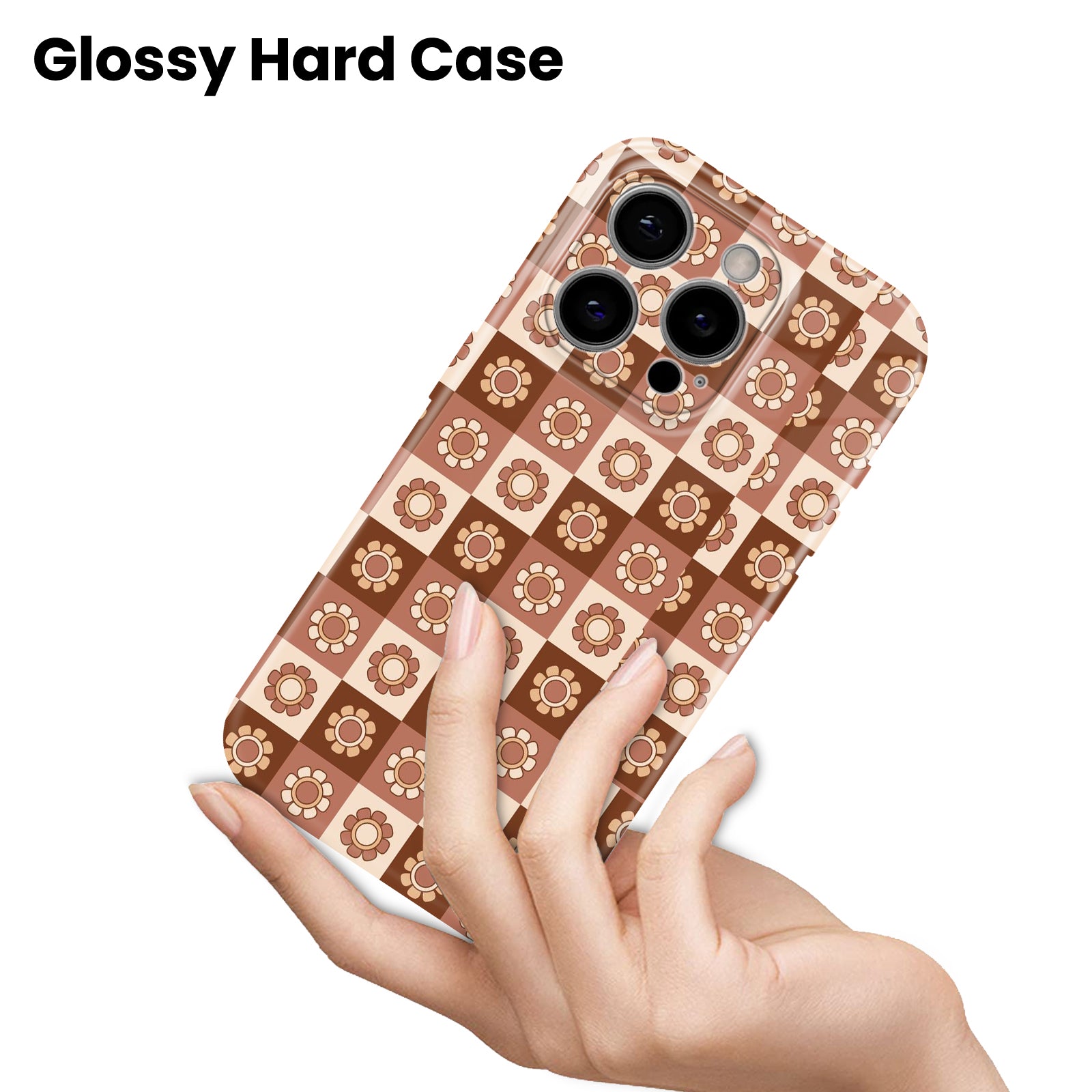 Retro Floral Checkered Pattern, Brown and Beige, Hard Glossy Case - Stylish & Protective Cover