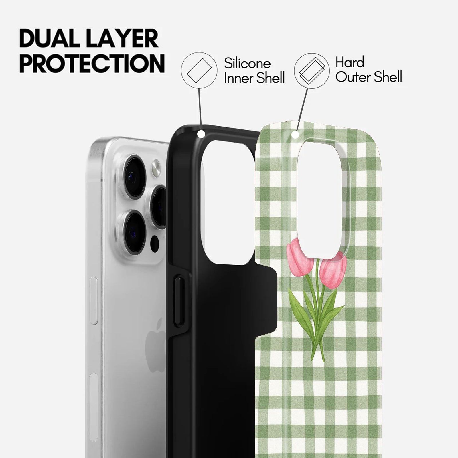 Green Gingham Floral Tulip Print, 2 in 1 Mobile Case, Dual Layer Protective Cover