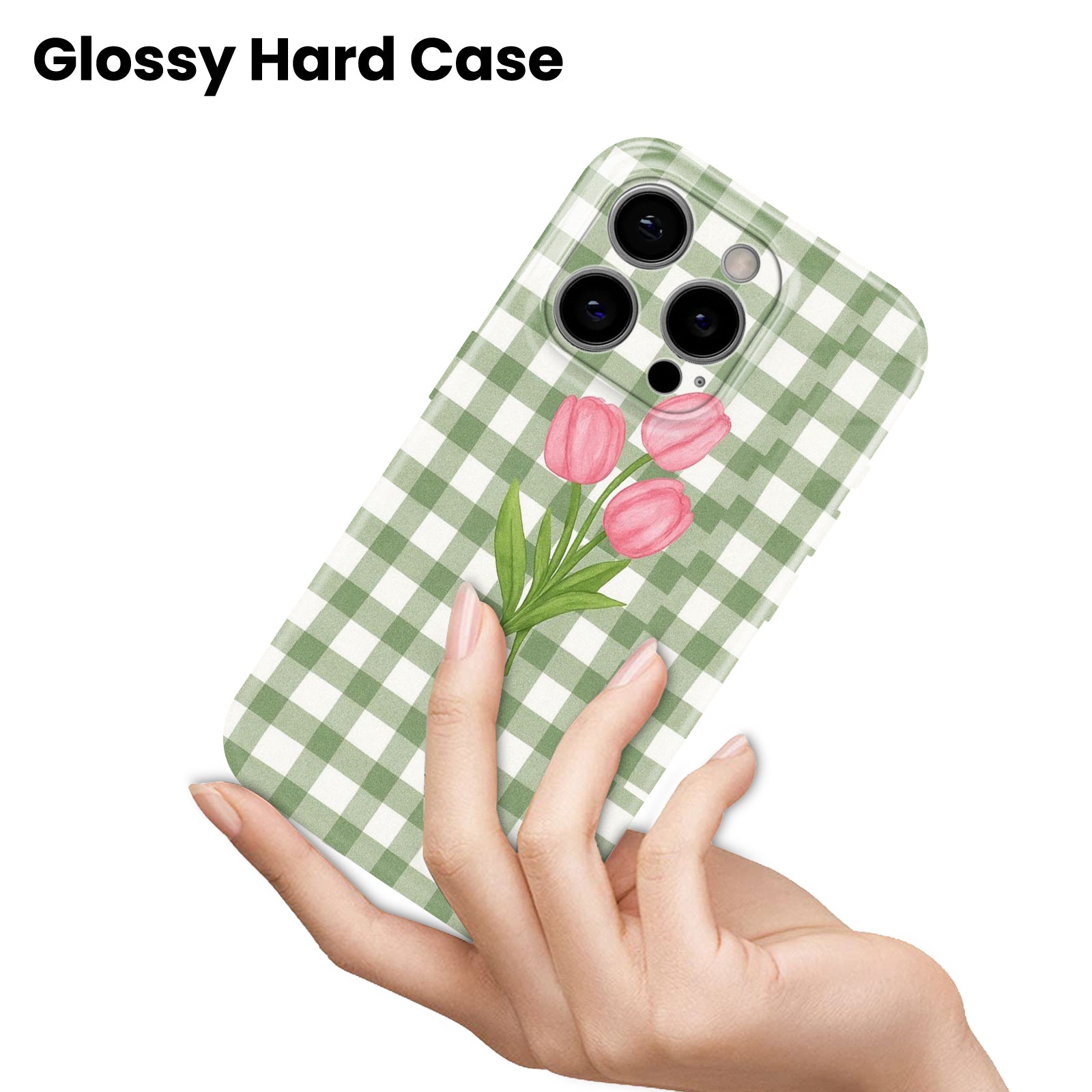 Green Gingham Plaid with Pink Tulip Floral Print, Hard Glossy Case - Stylish & Protective Cover