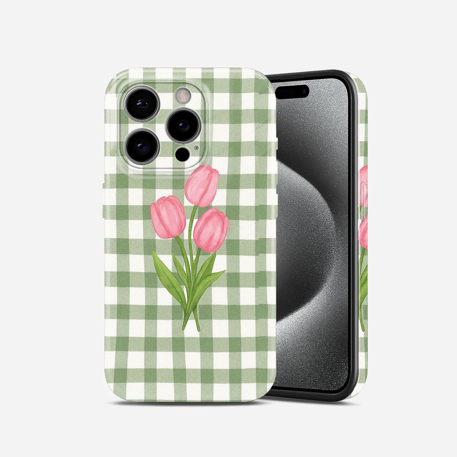 Green Gingham Plaid with Pink Tulip Floral Print, Hard Glossy Case - Stylish & Protective Cover