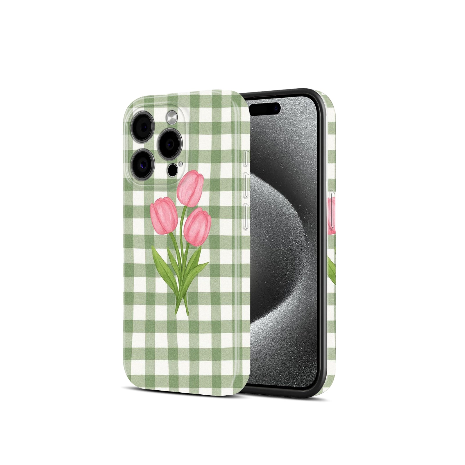 Green Gingham Plaid with Pink Tulip Floral Print, Hard Glossy Case - Stylish & Protective Cover