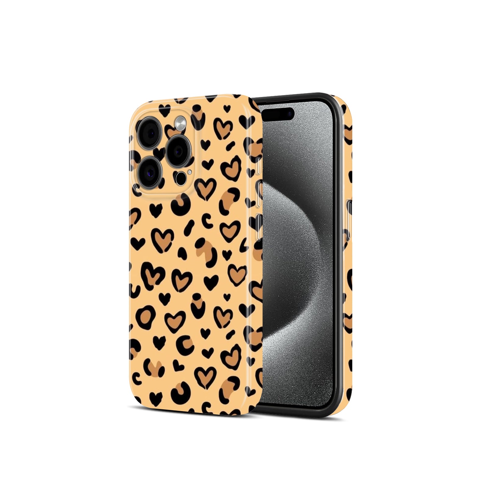 Leopard Heart Print Pattern, Peach and Black Cute Design, Hard Glossy Case - Stylish & Protective Cover