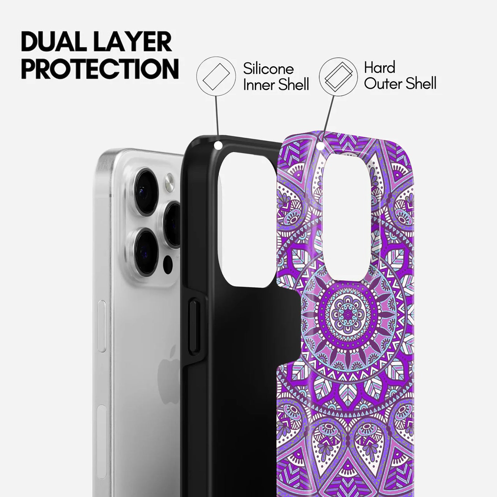 Purple Mandala Design, 2 in 1 Mobile Case, Dual Layer Protective Cover