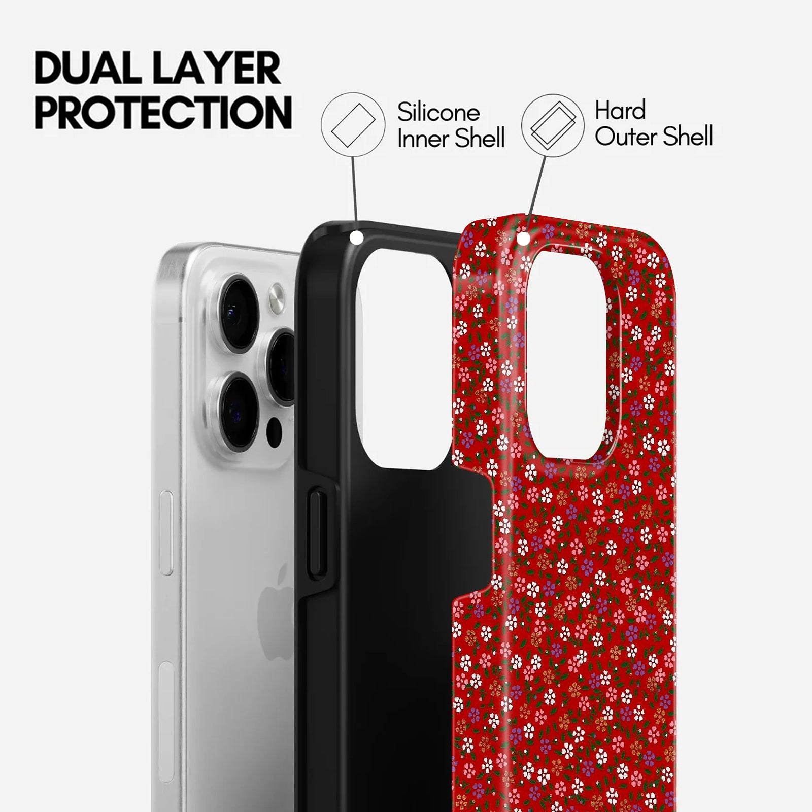 Red Ditsy Floral Design, 2 in 1 Mobile Case, Dual Layer Protective Cover