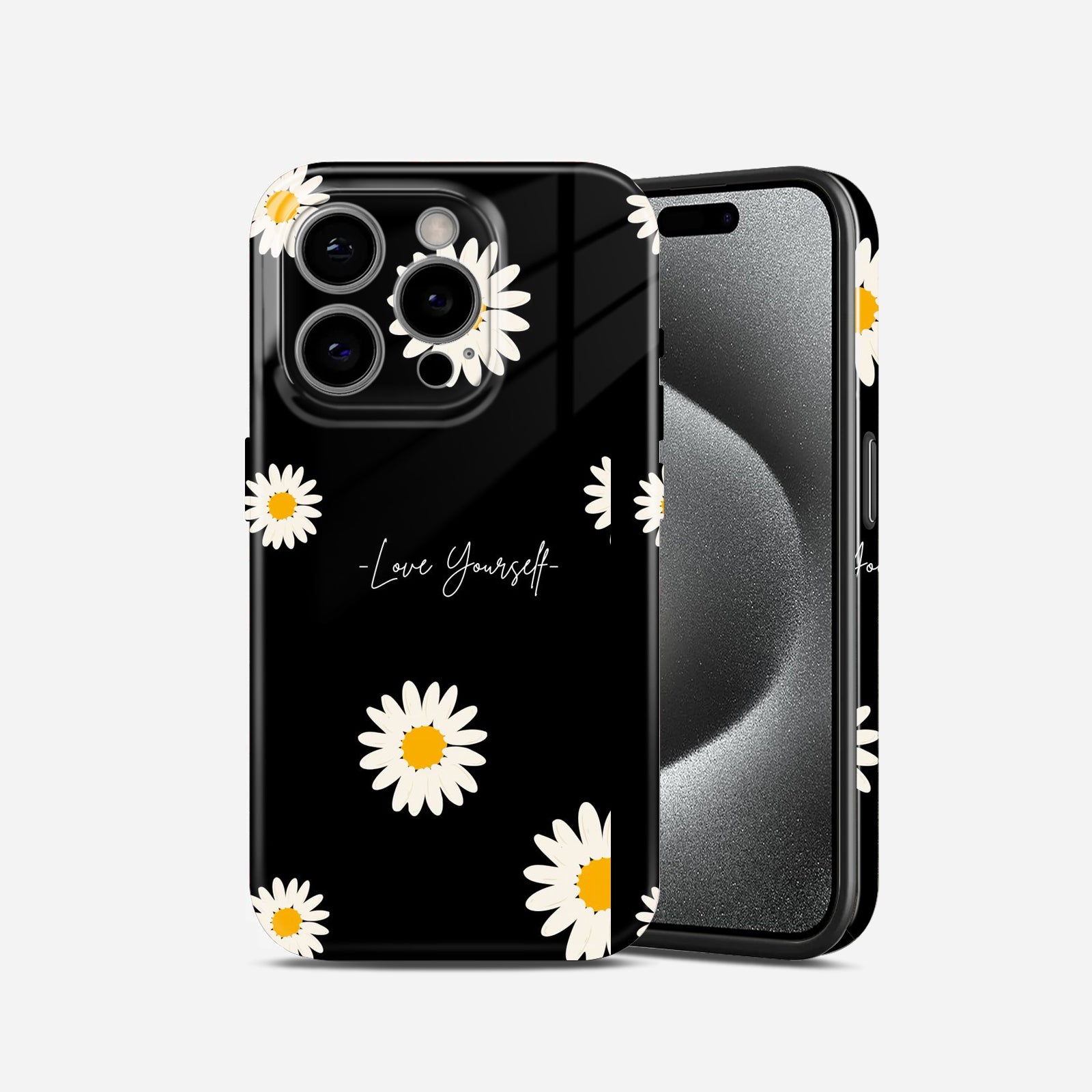 Black Daisy Floral Design, Love Yourself Theme, Hard Glossy Case - Stylish & Protective Cover