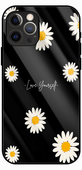 Black with Daisy Floral Print, Love Yourself Style, Luxury Glass Back Phone Case