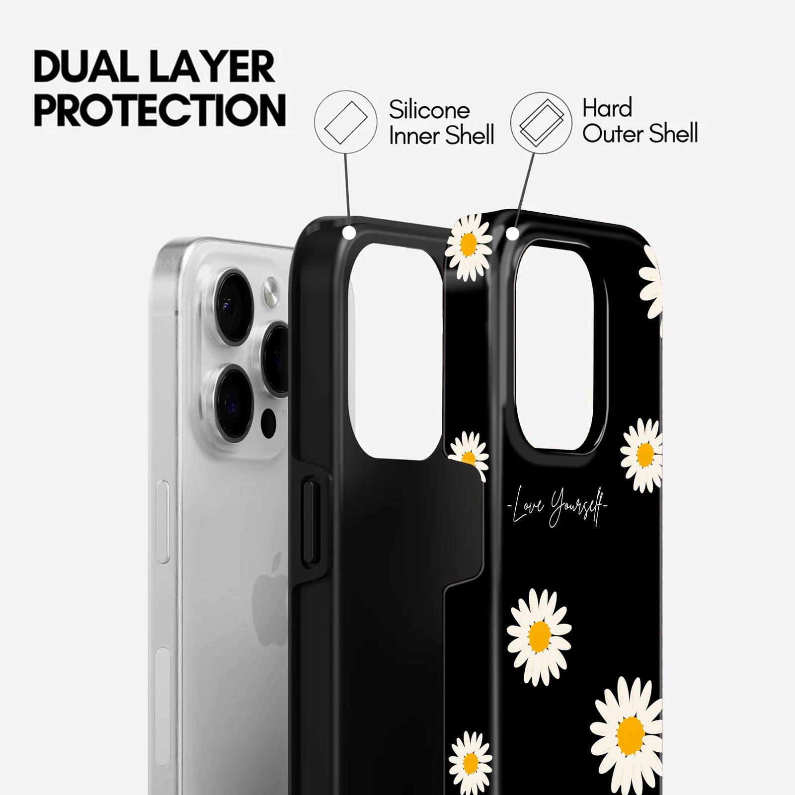 Black Daisy Floral Print, Love Yourself Style, 2 in 1 Mobile Case, Dual Layer Protective Cover