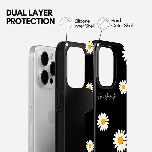 Black Daisy Floral Print, Love Yourself Style, 2 in 1 Mobile Case, Dual Layer Protective Cover
