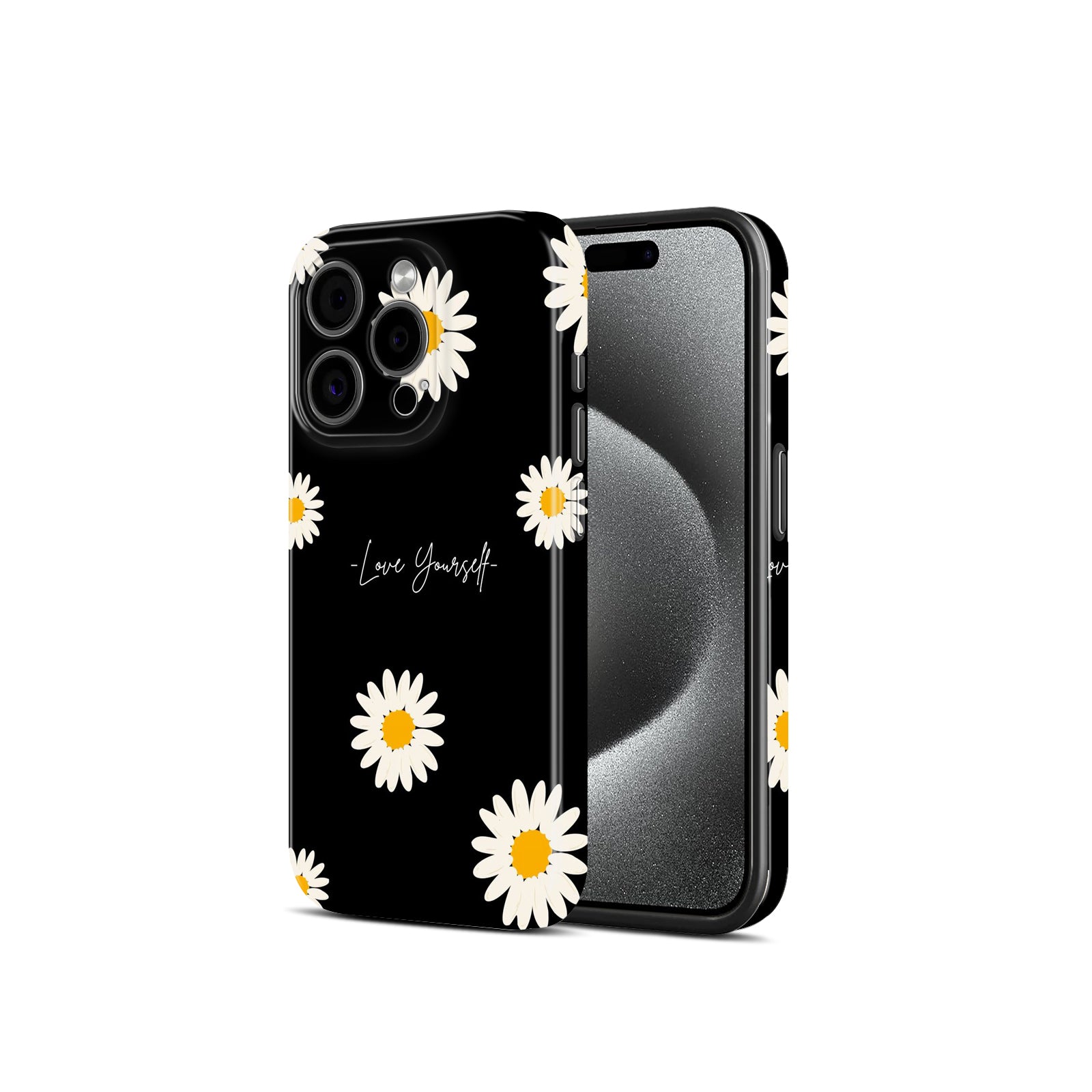 Black Daisy Floral Design, Love Yourself Theme, Hard Glossy Case - Stylish & Protective Cover