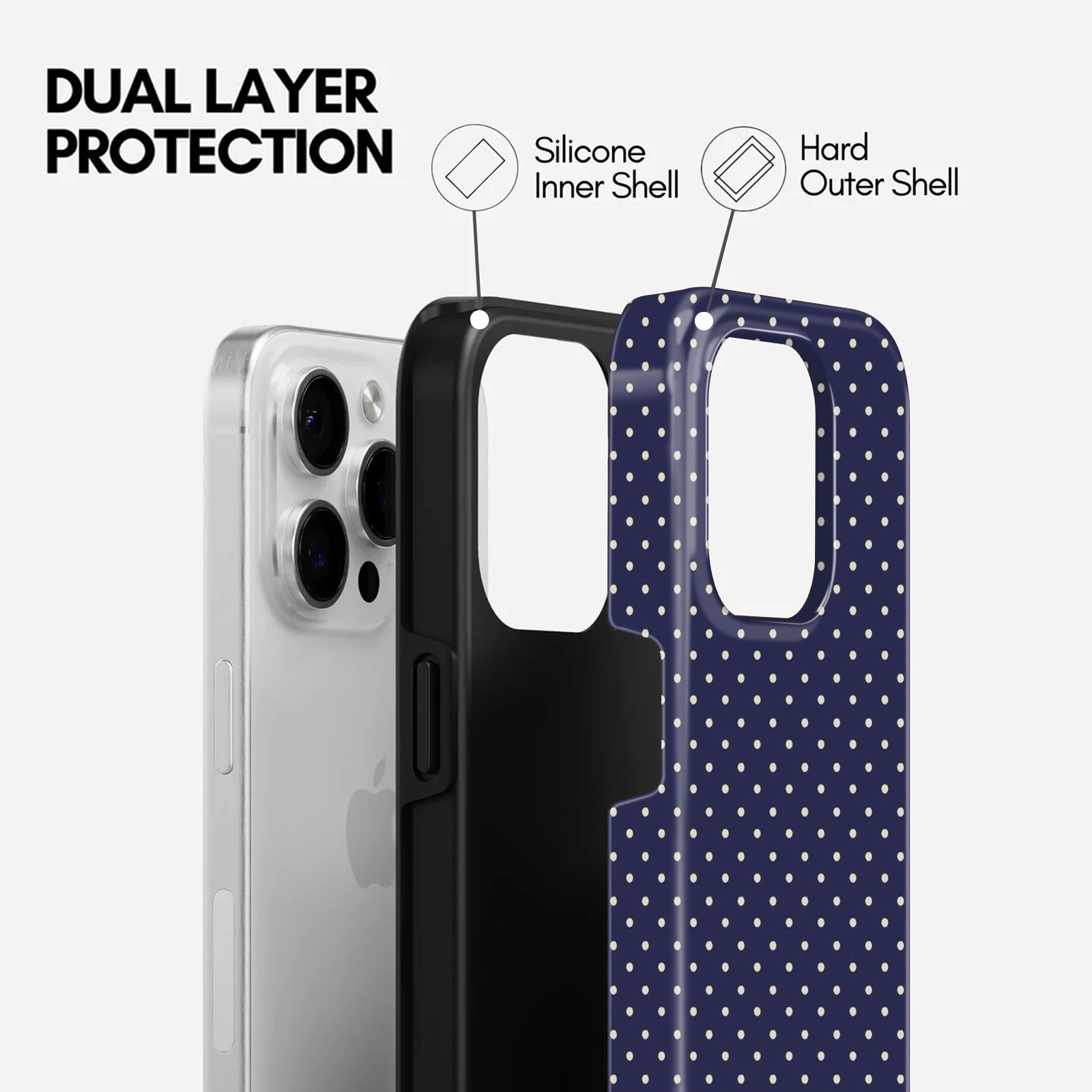 Navy Blue Polka Dot Print, 2 in 1 Mobile Case, Dual Layer Silicone and Hard Shell