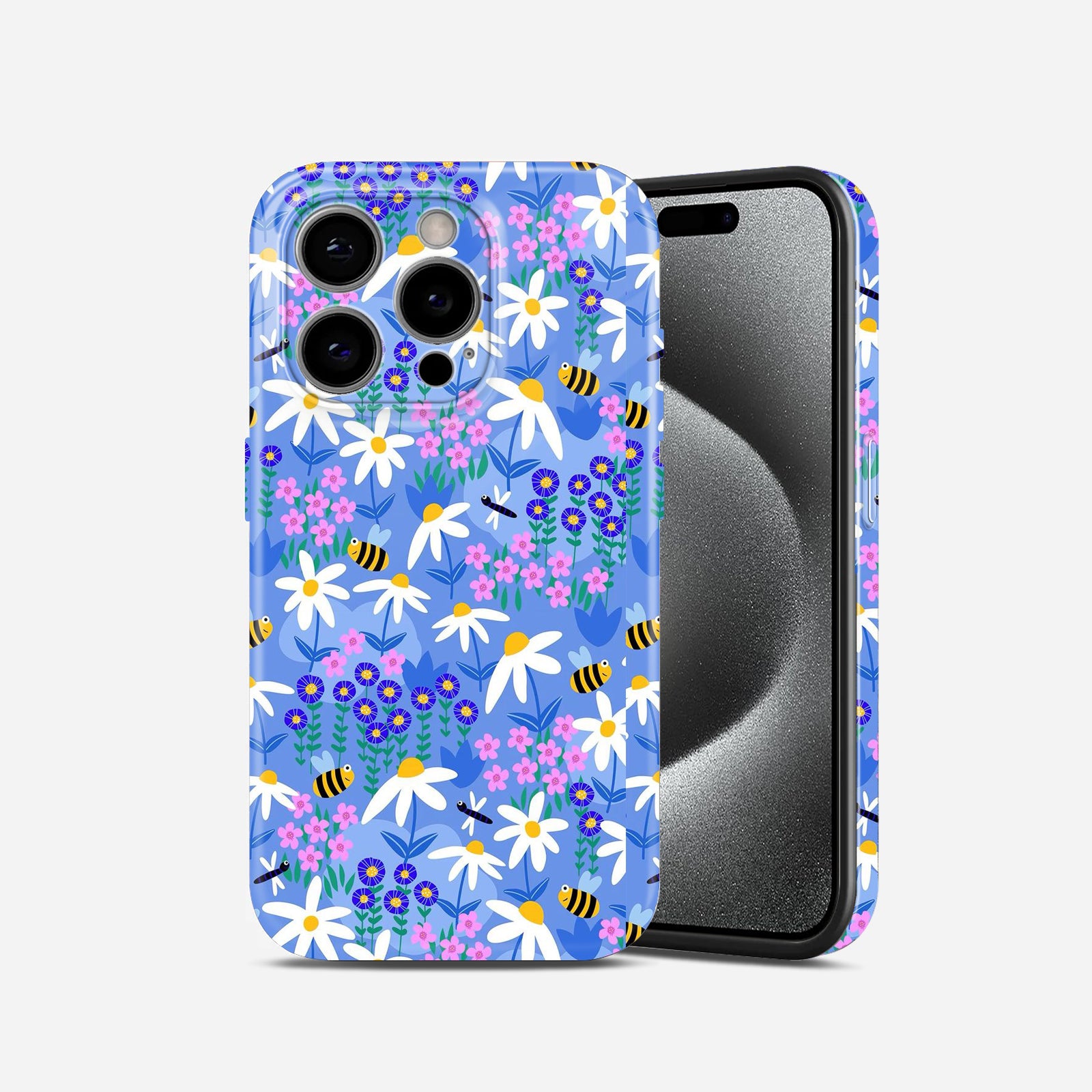 Floral Bee Pattern, Blue Daisy Garden Design, Hard Glossy Case - Stylish & Protective Cover