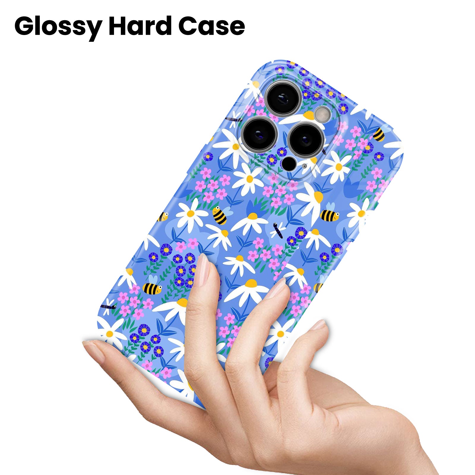 Floral Bee Pattern, Blue Daisy Garden Design, Hard Glossy Case - Stylish & Protective Cover