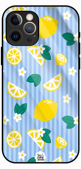 Lemon Print, Blue Striped Pattern, Luxury Glass Back Phone Case