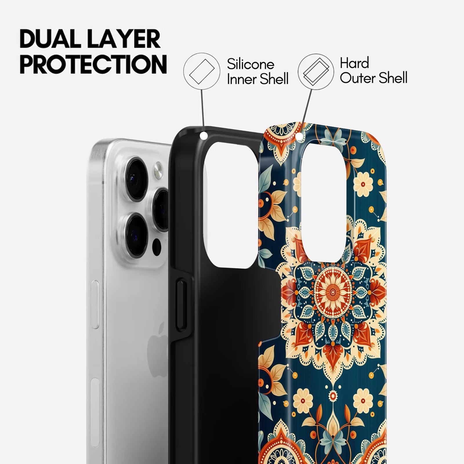 The Joyful Studio Mandala Floral Pattern, 2 in 1 Mobile Case, Dual Layer Protective Cover