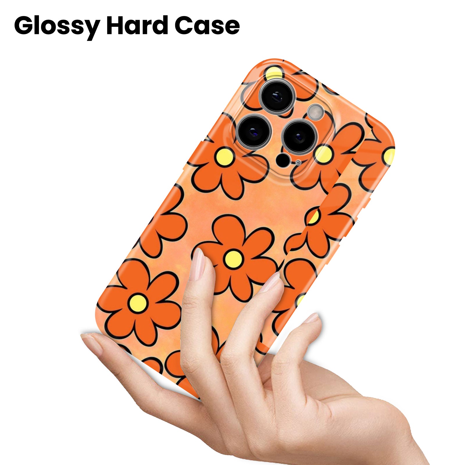 Orange Floral Print, Retro Daisy Pattern, Hard Glossy Case - Stylish & Protective Cover