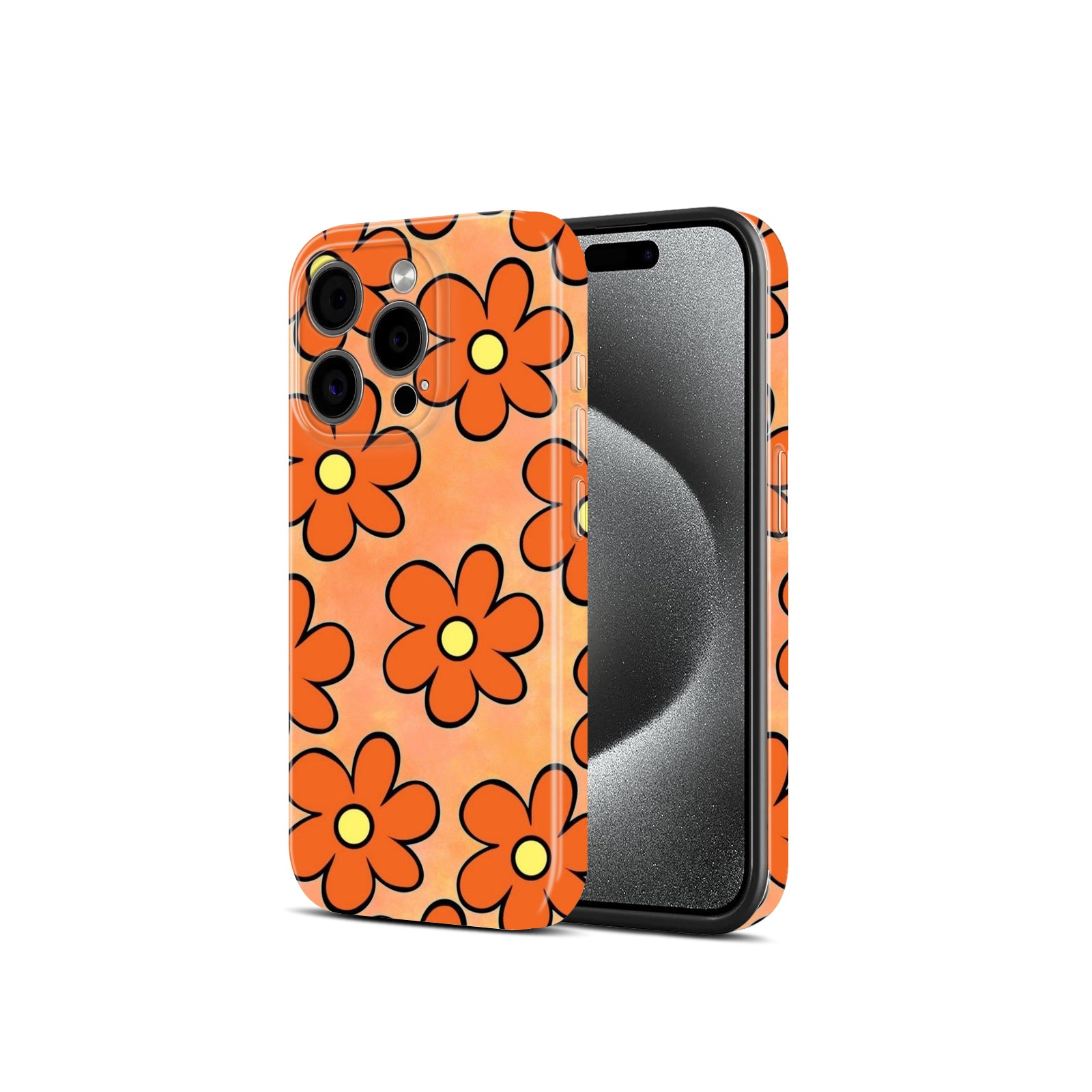 Orange Floral Print, Retro Daisy Pattern, Hard Glossy Case - Stylish & Protective Cover
