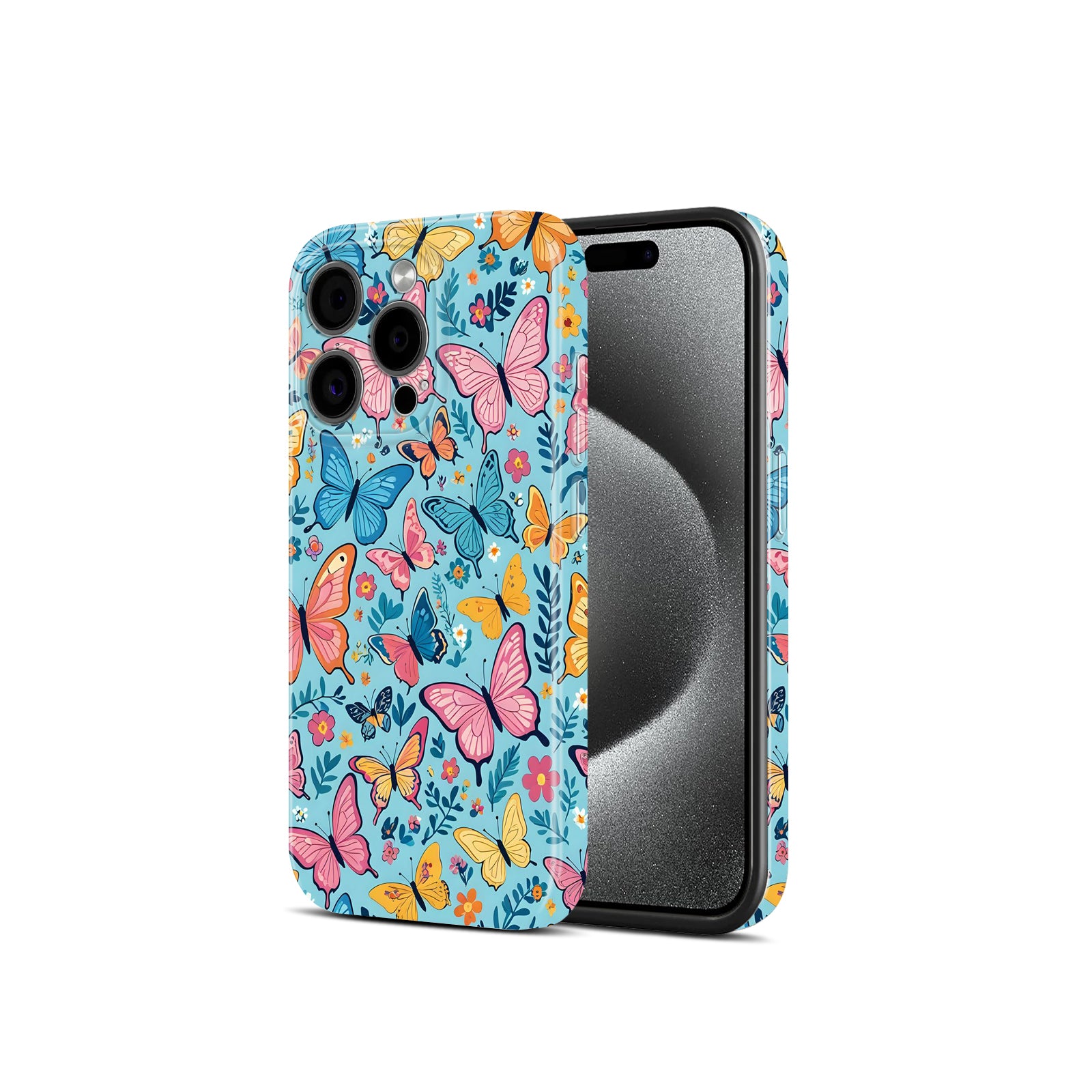 Colorful Butterfly Floral Pattern on Blue Background, Hard Glossy Case - Stylish & Protective Cover