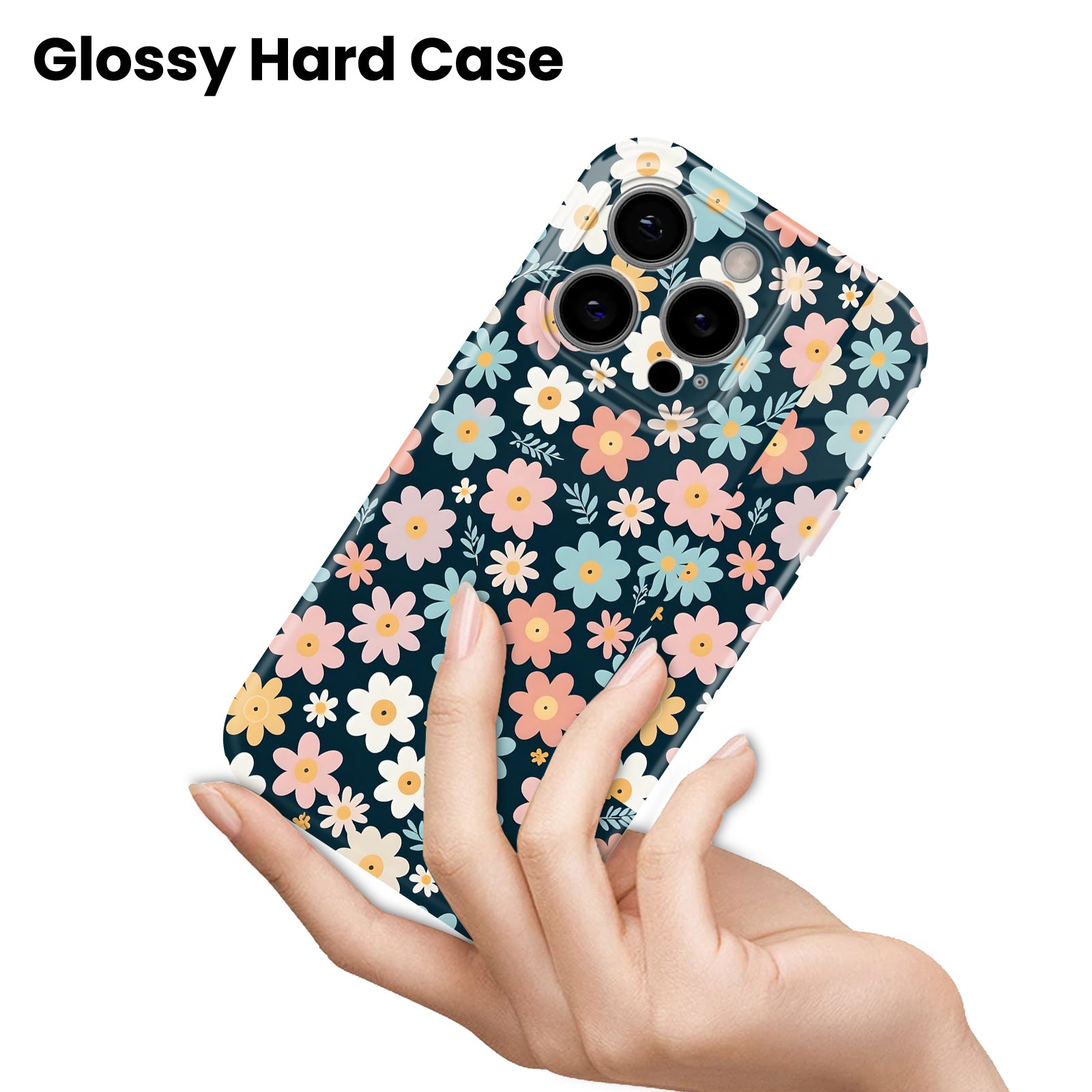 Daisy Pattern on Navy Blue Background, Hard Glossy Case - Stylish & Protective Cover