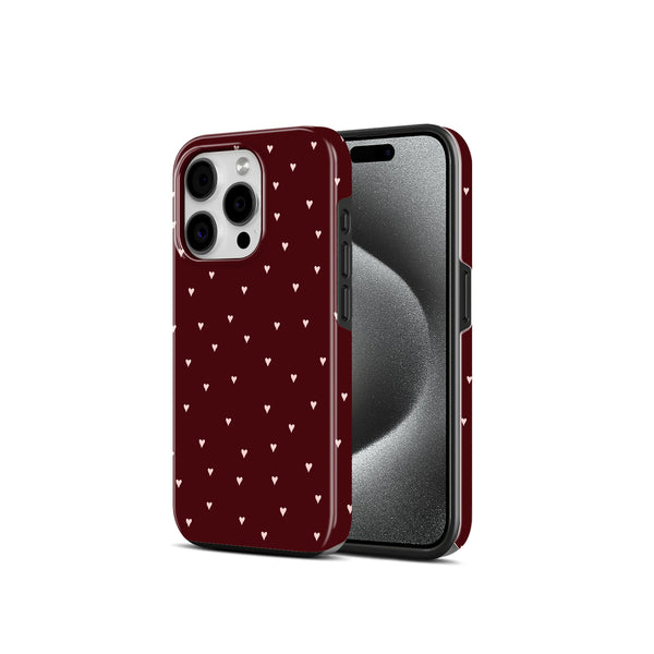 The Joyful Studio, Maroon with Pink Hearts Pattern, 2 in 1 Mobile Case, Dual Layer Protective Cover