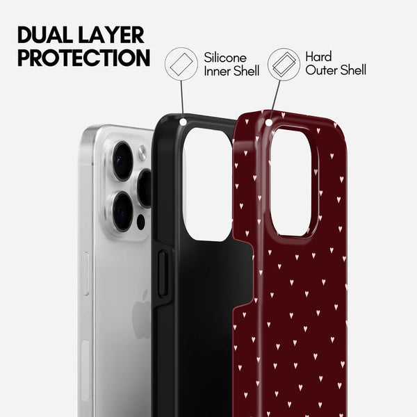 The Joyful Studio, Maroon with Pink Hearts Pattern, 2 in 1 Mobile Case, Dual Layer Protective Cover