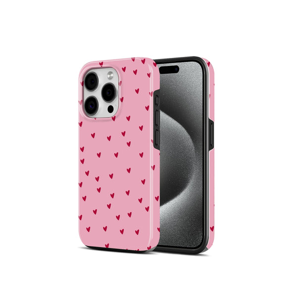 The Joyful Studio, Pink with Maroon Hearts Pattern, 2 in 1 Mobile Case, Dual Layer Protective Cover