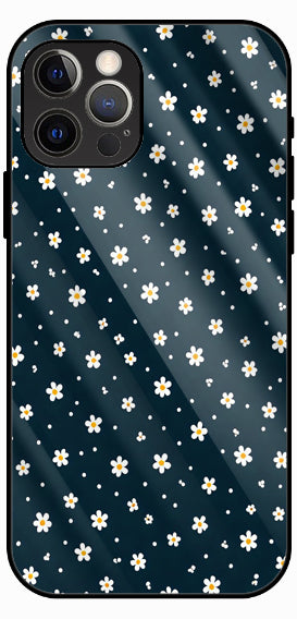 Dark Blue Floral Pattern, Daisy Print Design. Luxury Glass Back Phone Case