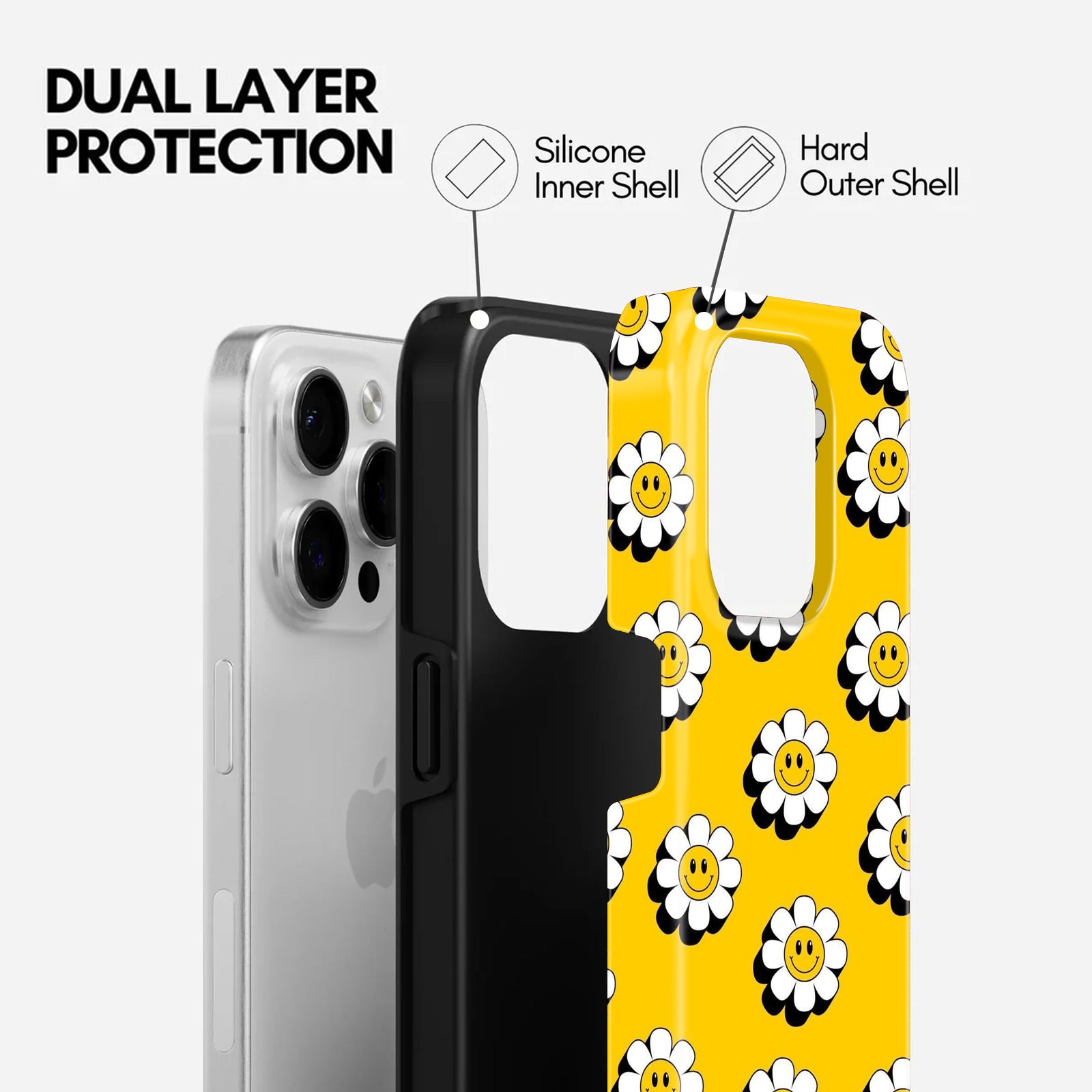 The Joyful Studio, Yellow Smiley Daisy Floral Pattern, 2 in 1 Mobile Case, Dual Layer Protective Cover