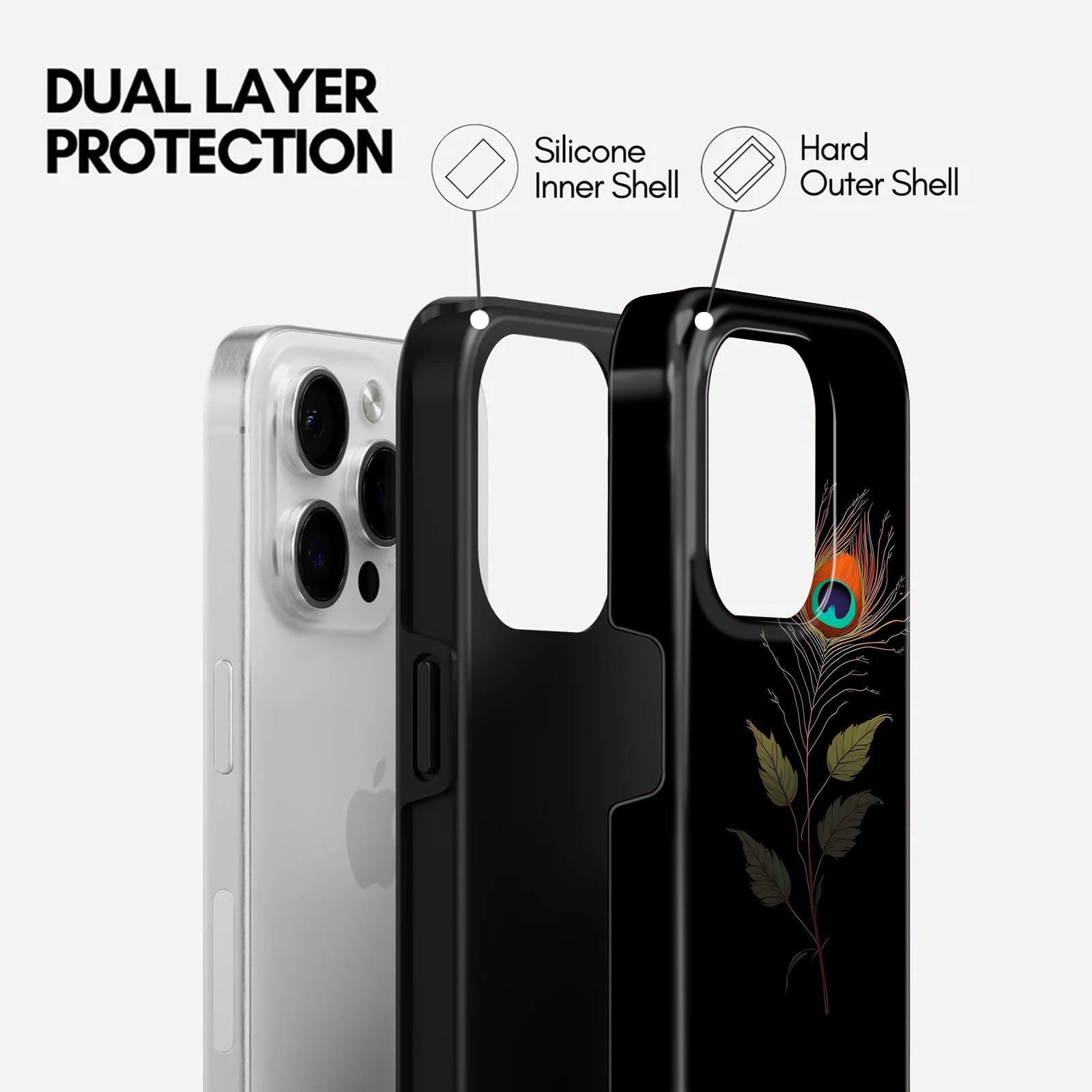 Peacock Feather Design, Black, Glossy Finish, 2 in 1 Mobile Case, Dual Layer Protective Cover