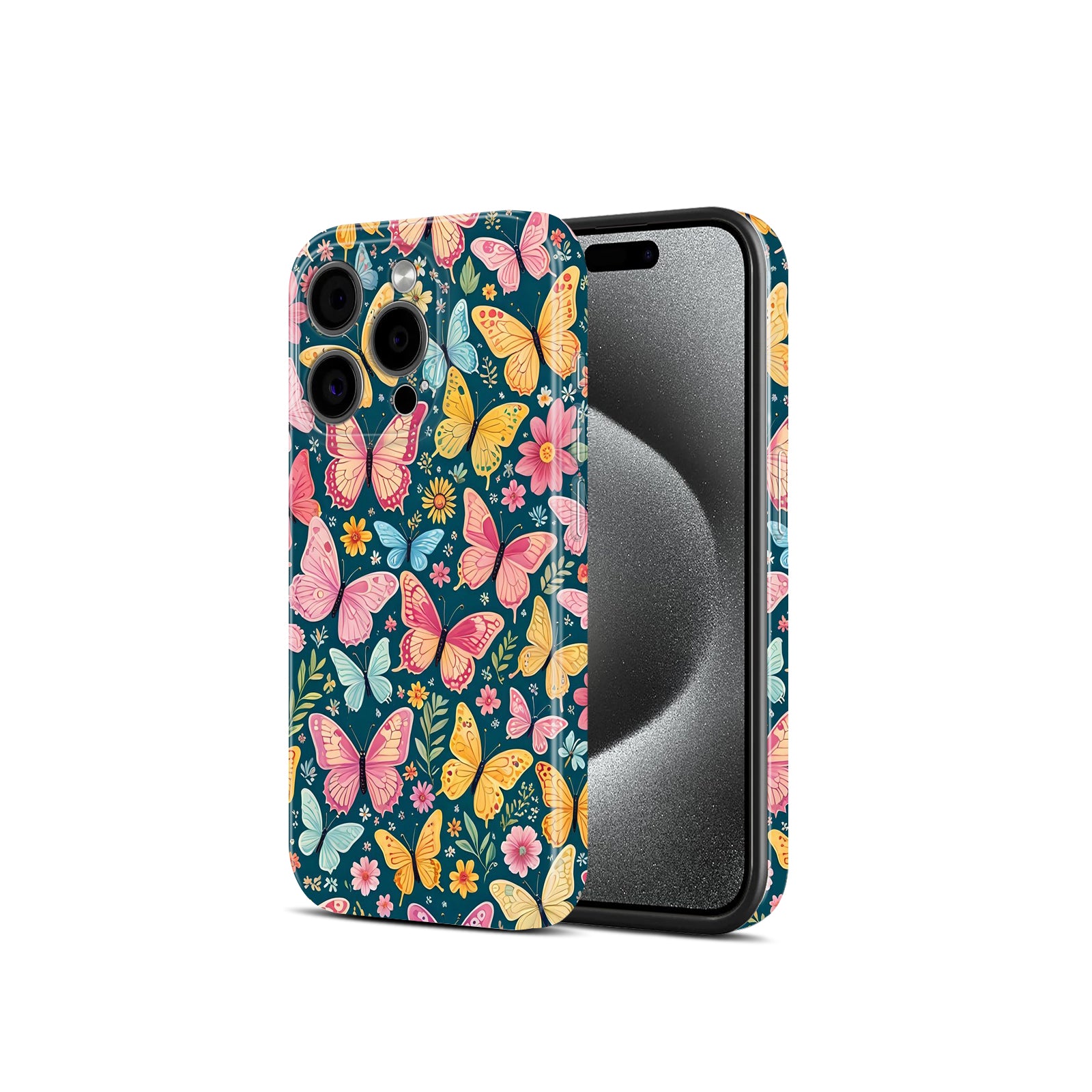 Colorful Butterfly and Floral Print on Teal Background, Hard Glossy Case - Stylish & Protective Cover