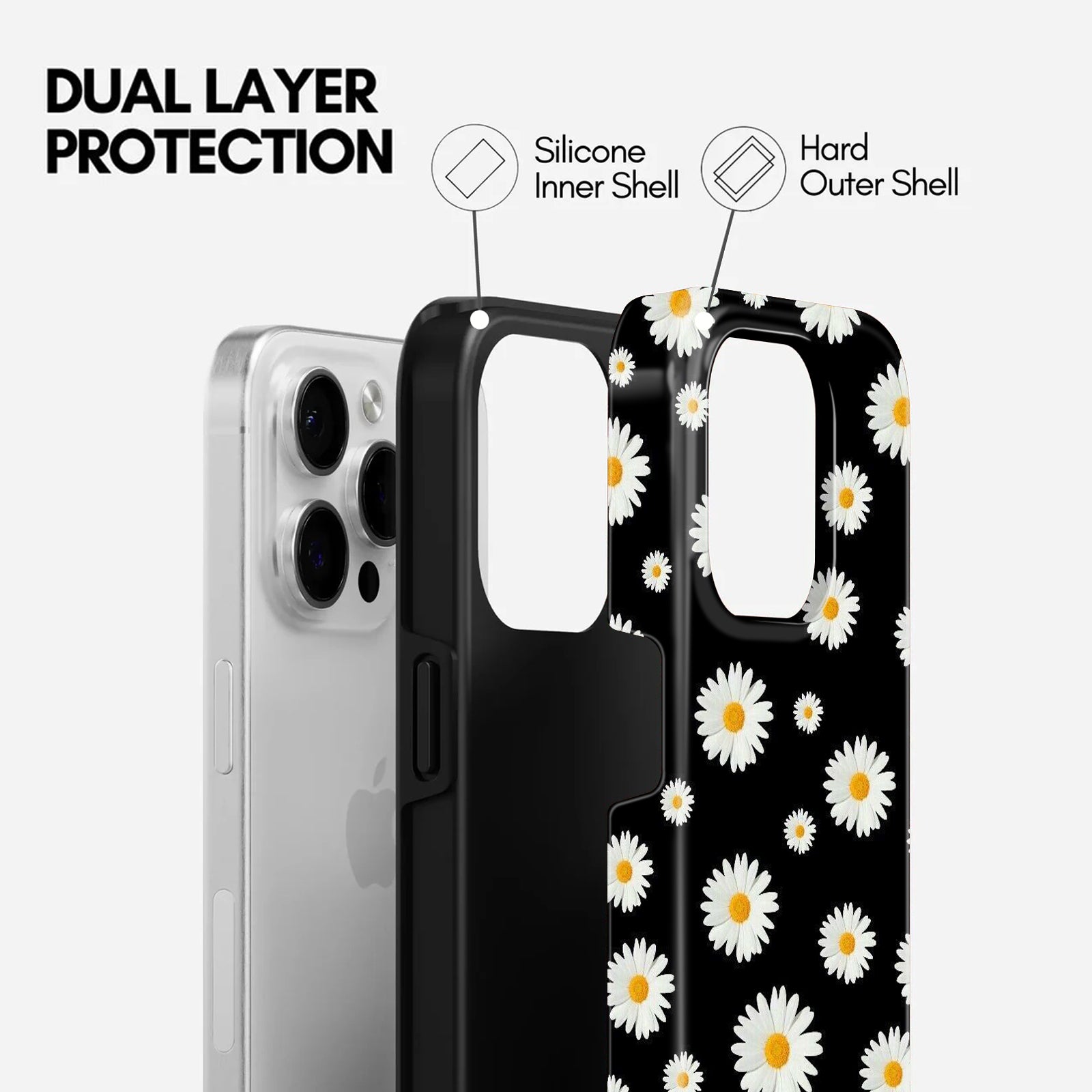 Black Daisy Floral Pattern,2 in 1 Mobile Case, Dual Layer Protective Cover