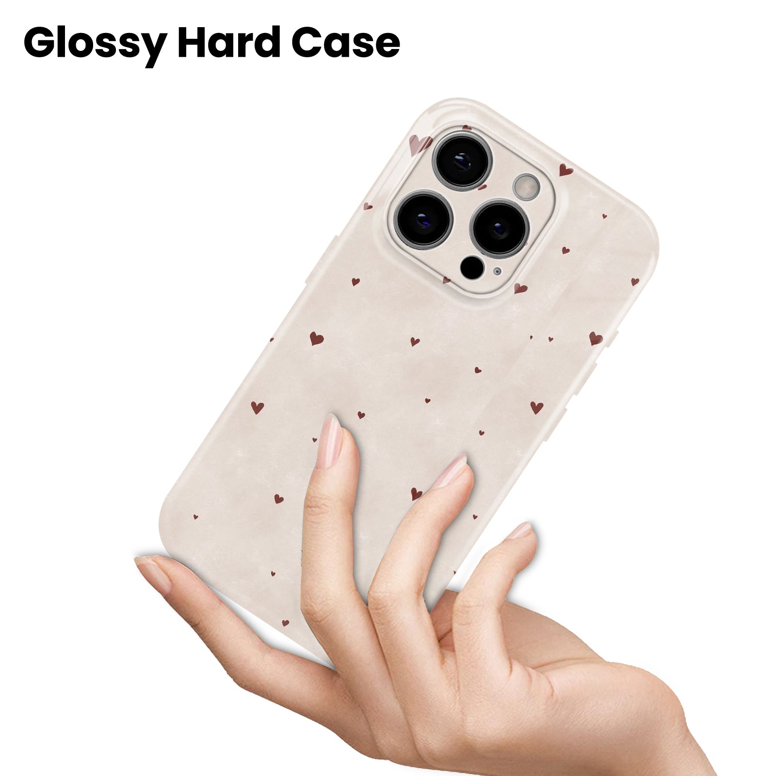 Beige with Small Hearts Pattern, Hard Glossy Case - Stylish & Protective Cover