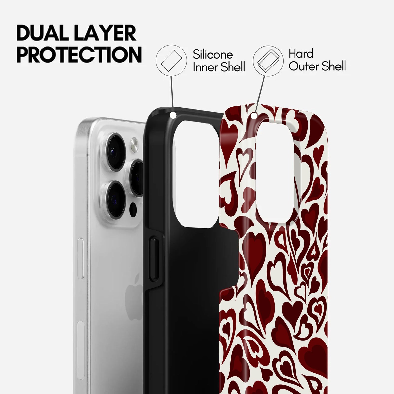 Red Heart Pattern, 2 in 1 Mobile Case, Dual Layer Protective Cover
