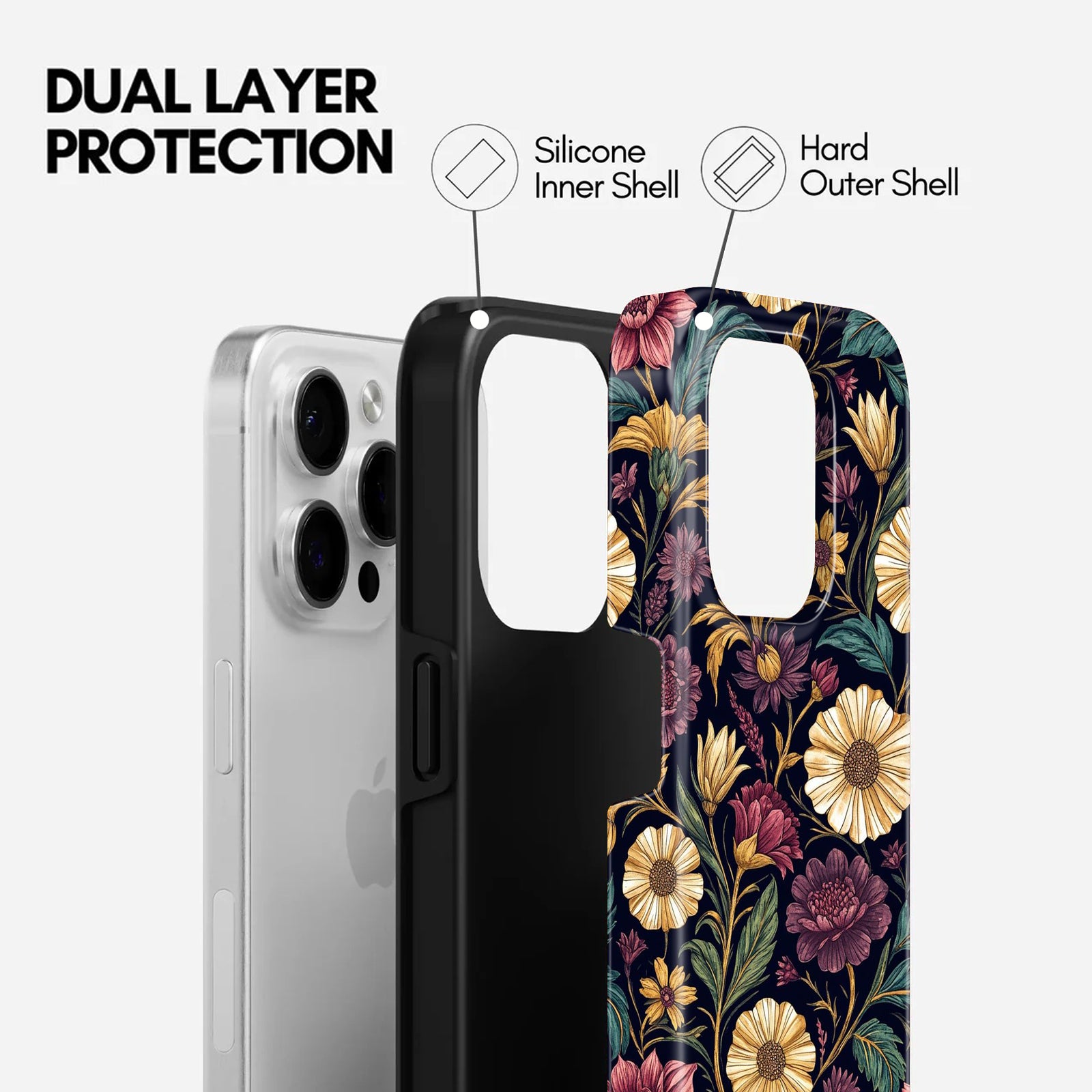 Dark Botanical Wildflower Design, 2 in 1 Mobile Case, Dual Layer Protective Cover