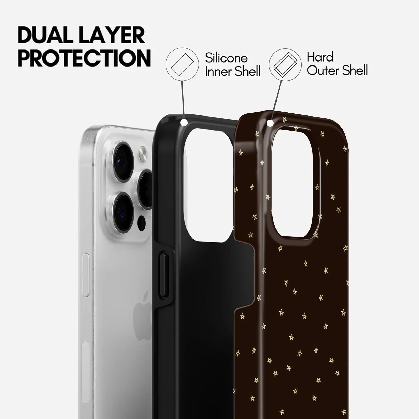 Dark Brown with Gold Star Pattern, 2 in 1 Mobile Case, Dual Layer Protective Cover