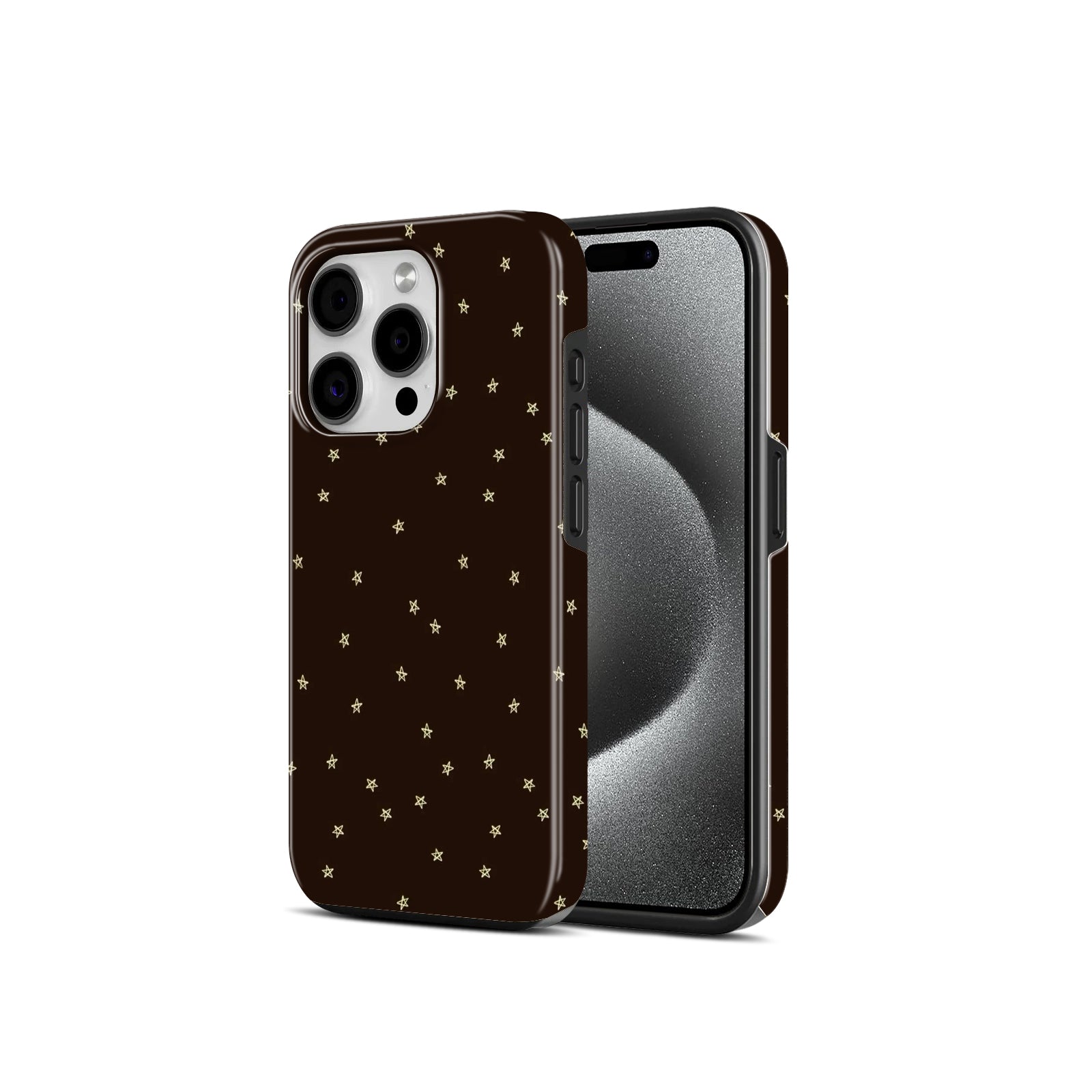 Dark Brown with Gold Star Pattern, 2 in 1 Mobile Case, Dual Layer Protective Cover