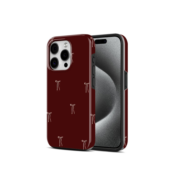 Dark Red with Bow Pattern, 2 in 1 Mobile Case, Dual Layer Protective Cover