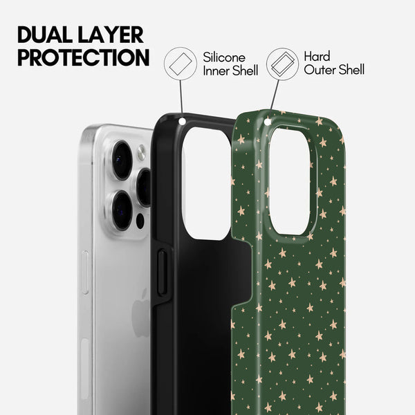 Green with Gold Star Pattern, 2 in 1 Mobile Case, Dual Layer Protective Cover