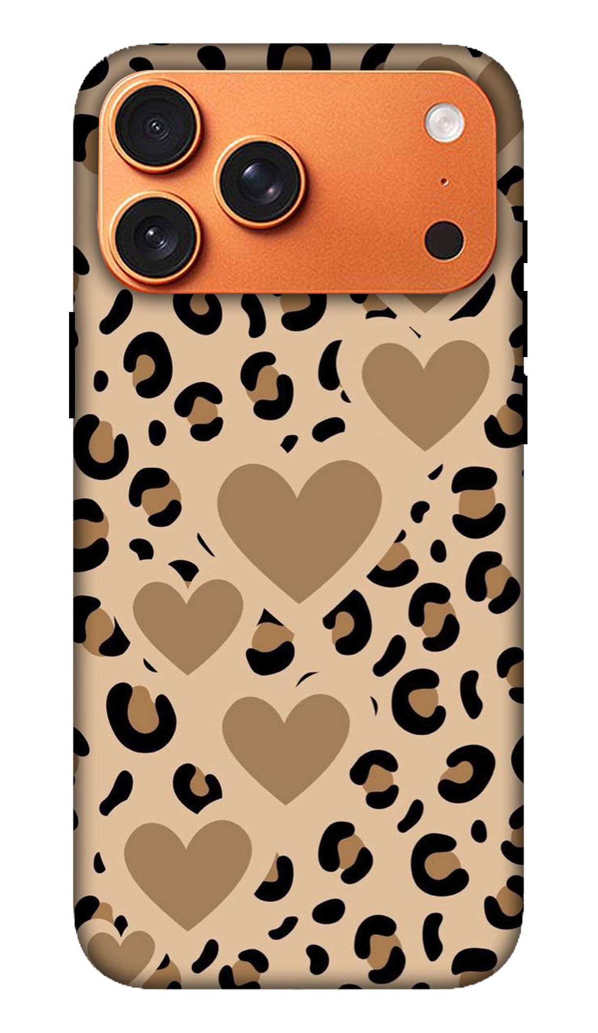 Phone case with leopard print and heart shapes on a white background