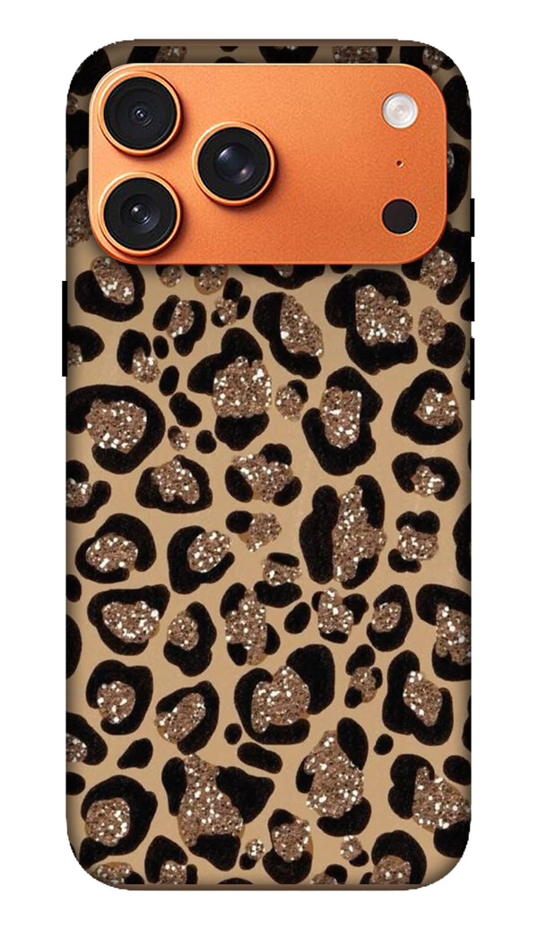 Phone case with leopard print and glitter accents on a white background