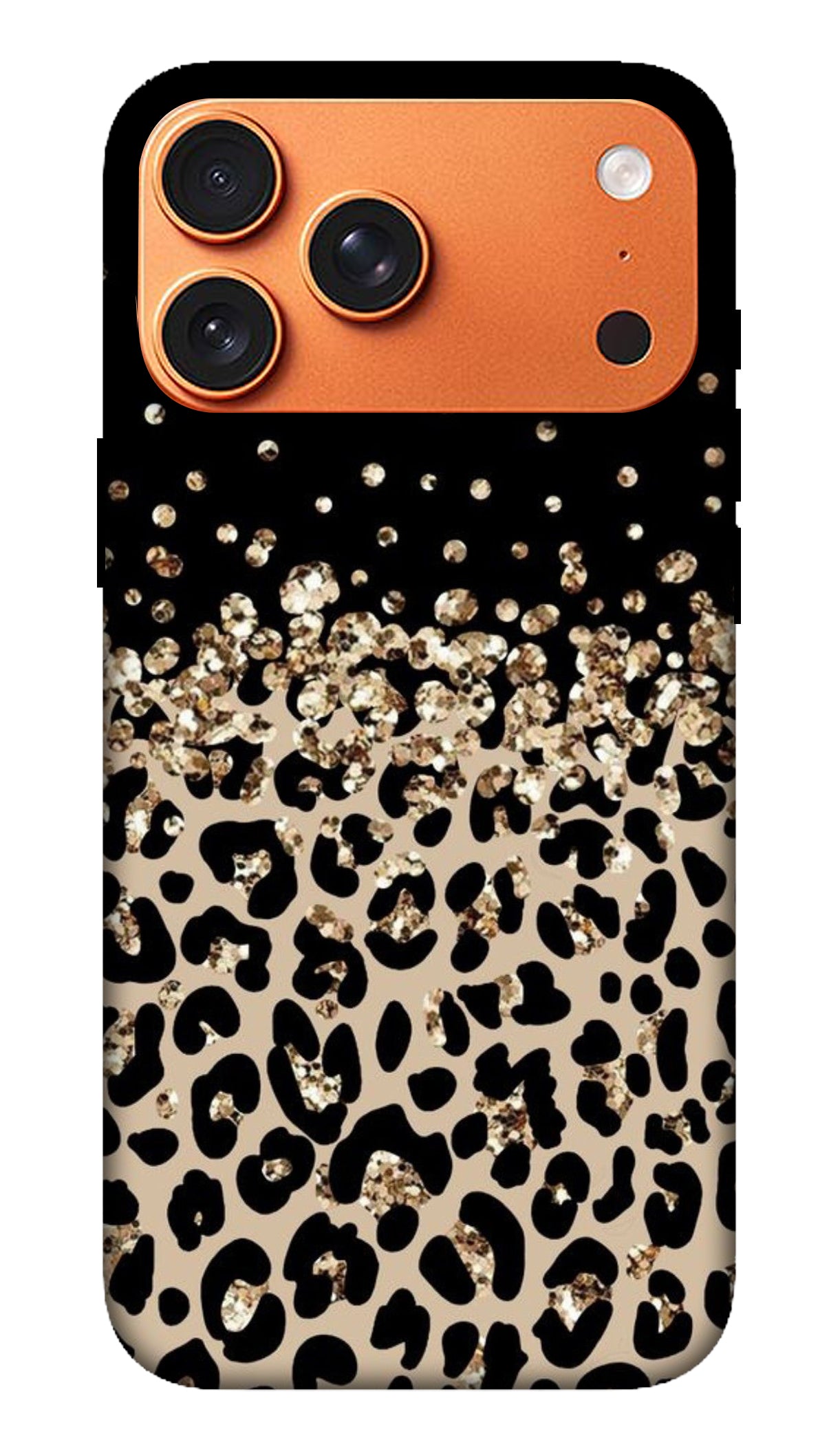 Phone case with leopard print and glittery accents on a black background